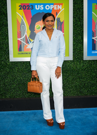 Mindy Kaling is seen at the Final game with Coco Gauff vs. Aryna Sabalenka at the 2023 US Open Tennis Championships on September 09, 2023 in New York City