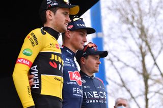 WAREGEM BELGIUM MARCH 30 LR Tiesj Benoot of Belgium and Team Jumbo Visma on second place race winner Mathieu Van Der Poel of Netherlands and Team AlpecinFenix and Thomas Pidcock of United Kingdom and Team INEOS Grenadiers on third place pose on the podium ceremony after the 76th Dwars Door Vlaanderen 2022 Mens Elite a 1837km one day race from Roeselare to Waregem DDV22 DDVmen WorldTour on March 30 2022 in Waregem Belgium Photo by Luc ClaessenGetty Images