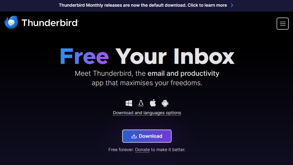 Thunderbird website screenshot (August 2025).