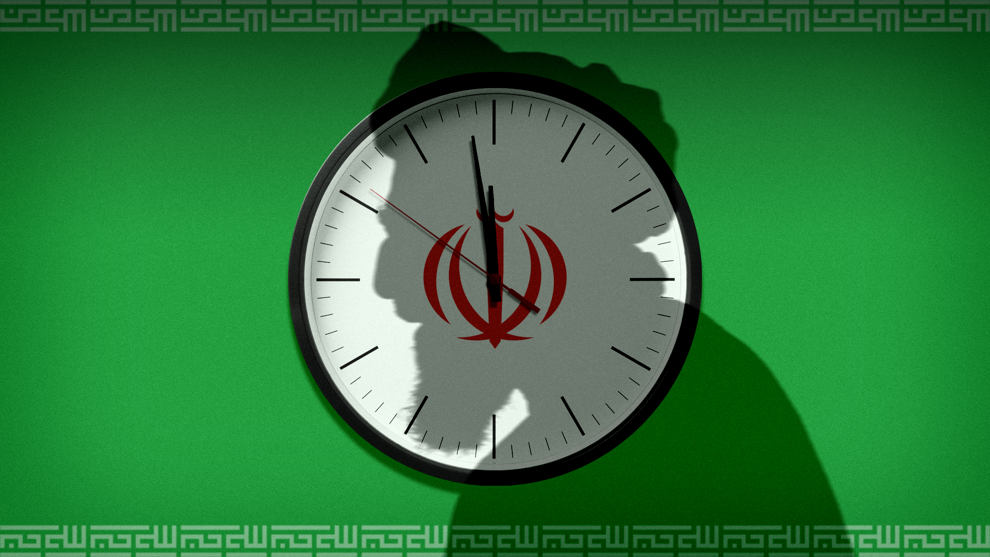 Photo illustration of Ayatollah Khamenei's shadow cast upon a clock close to midnight