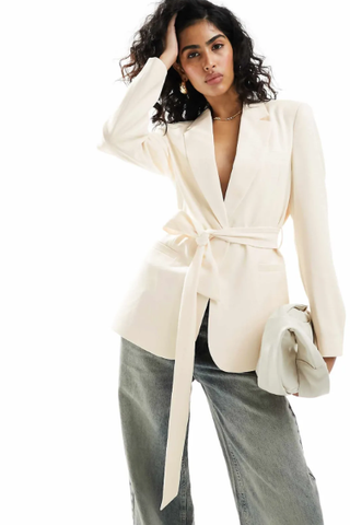 Asos Design Tailored Belted Blazer in Cream