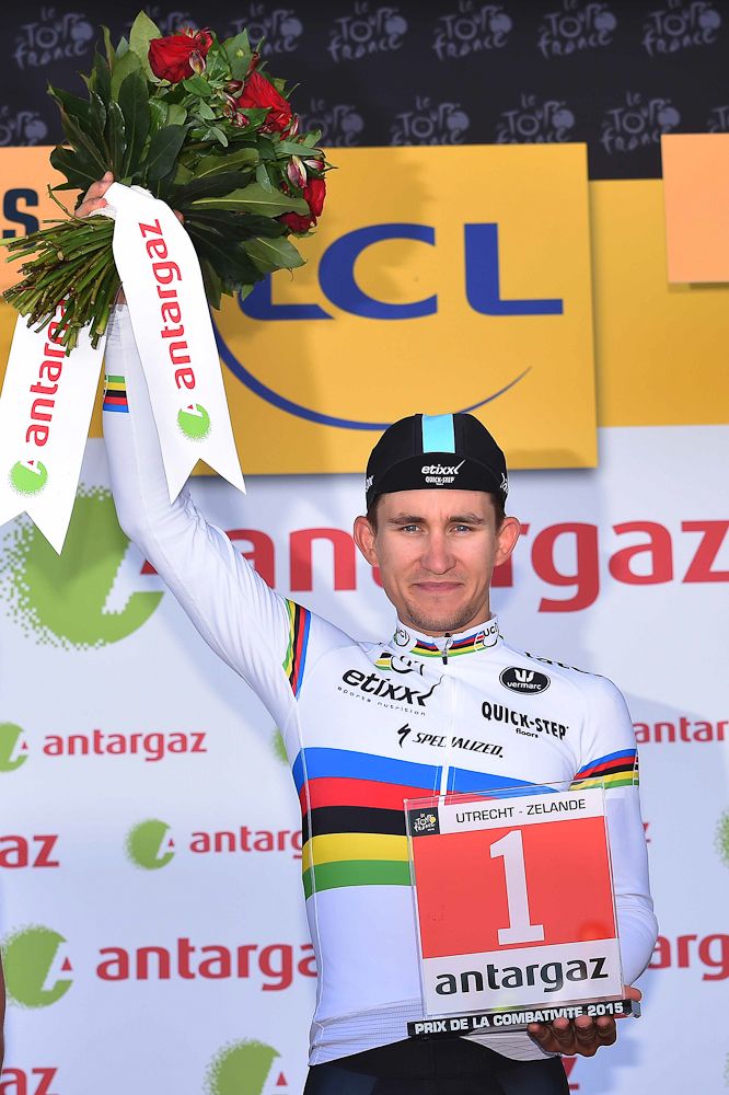 Michal Kwiatkoswki on the stage 2 podium for most combative rider.