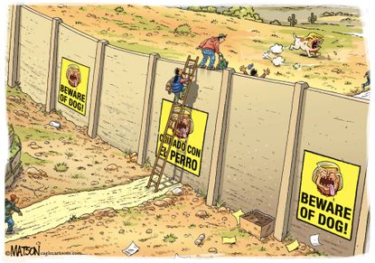 Political cartoon U.S. Trump Mexico wall immigration