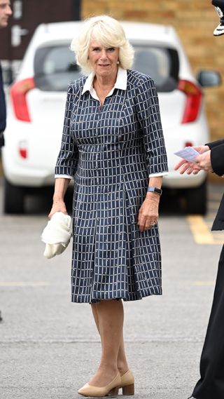 Queen Camilla in a graphic print dress