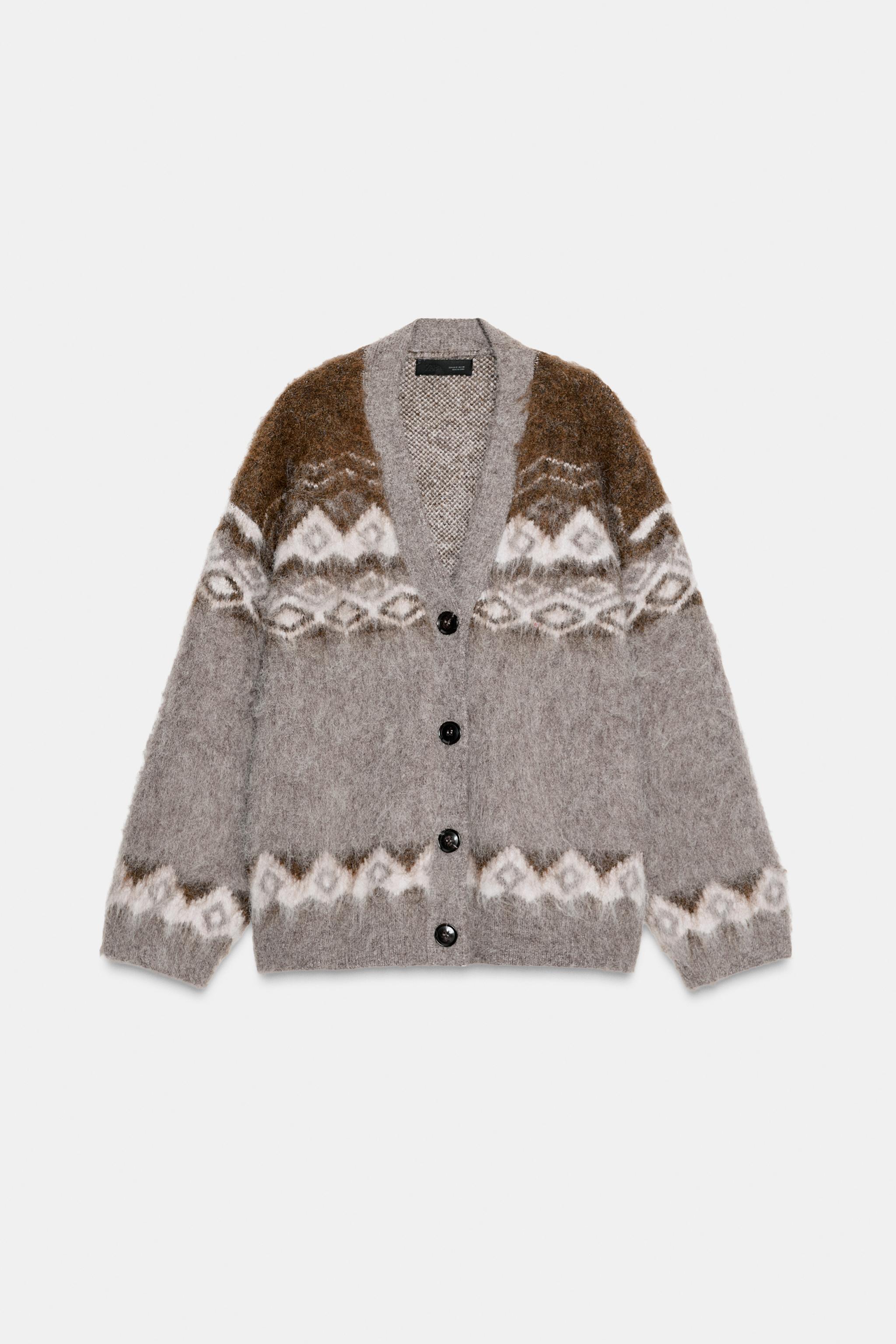 Brushed Effect Jacquard Knit Cardigan