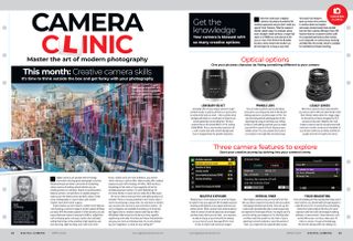 Image showing the first two pages of the Camera Clinic article in issue 291 (March 2025) of Digital Camera magazine, an 8-page masterclass on learning the creative techniques offered by cameras