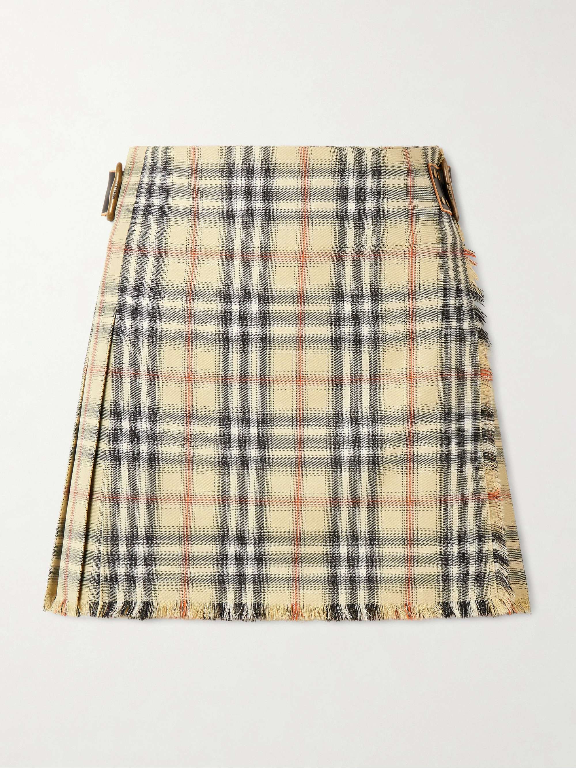 Leather-Trimmed Pleated Checked Wool Mini Skirt