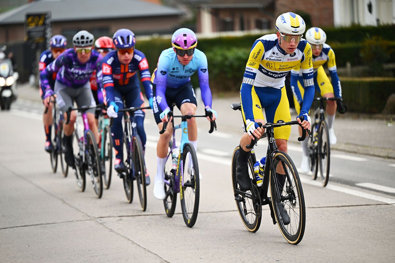 The seven-man breakaway at the 2025 Omloop Het Nieuwsblad