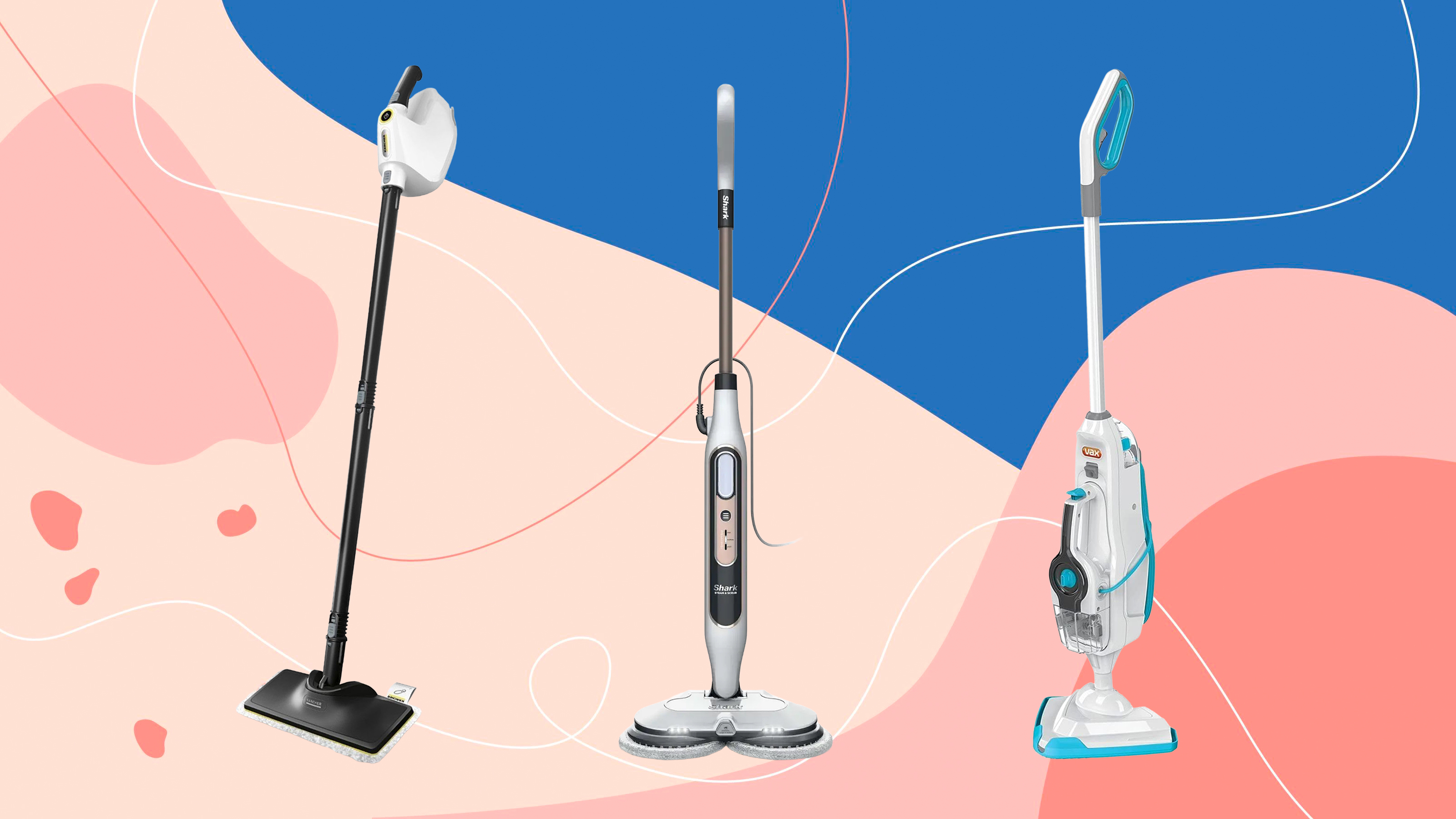 three steam cleaners on a pink and blue background