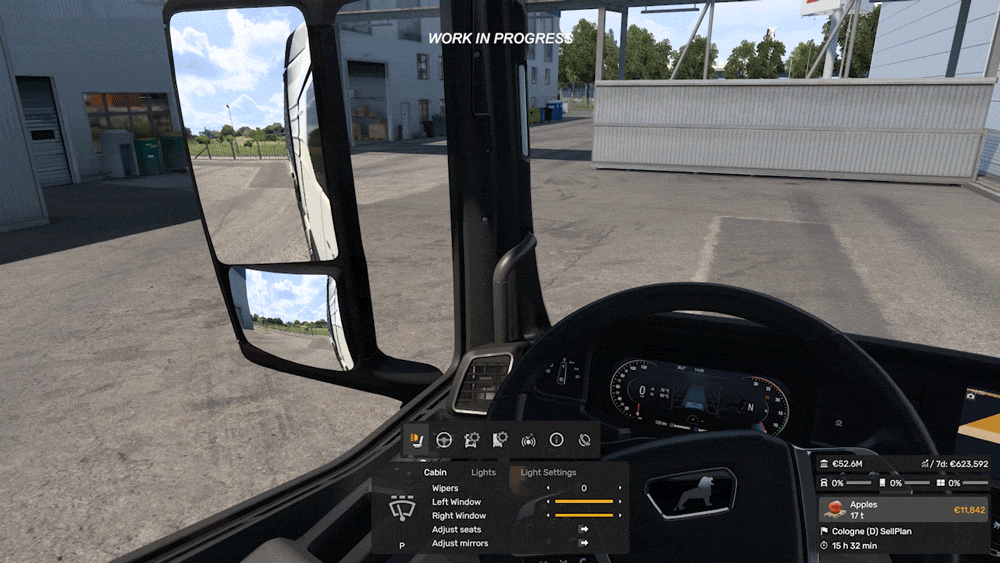 Interior view from a virtual truck cabin showing an MFD menu in front of the steering wheel, dashboard, and side mirror with outdoor reflection in Euro Truck Simulator 2.