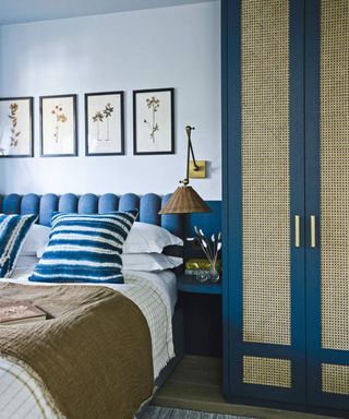 Blue bedroom, cupboard, taupe blanket