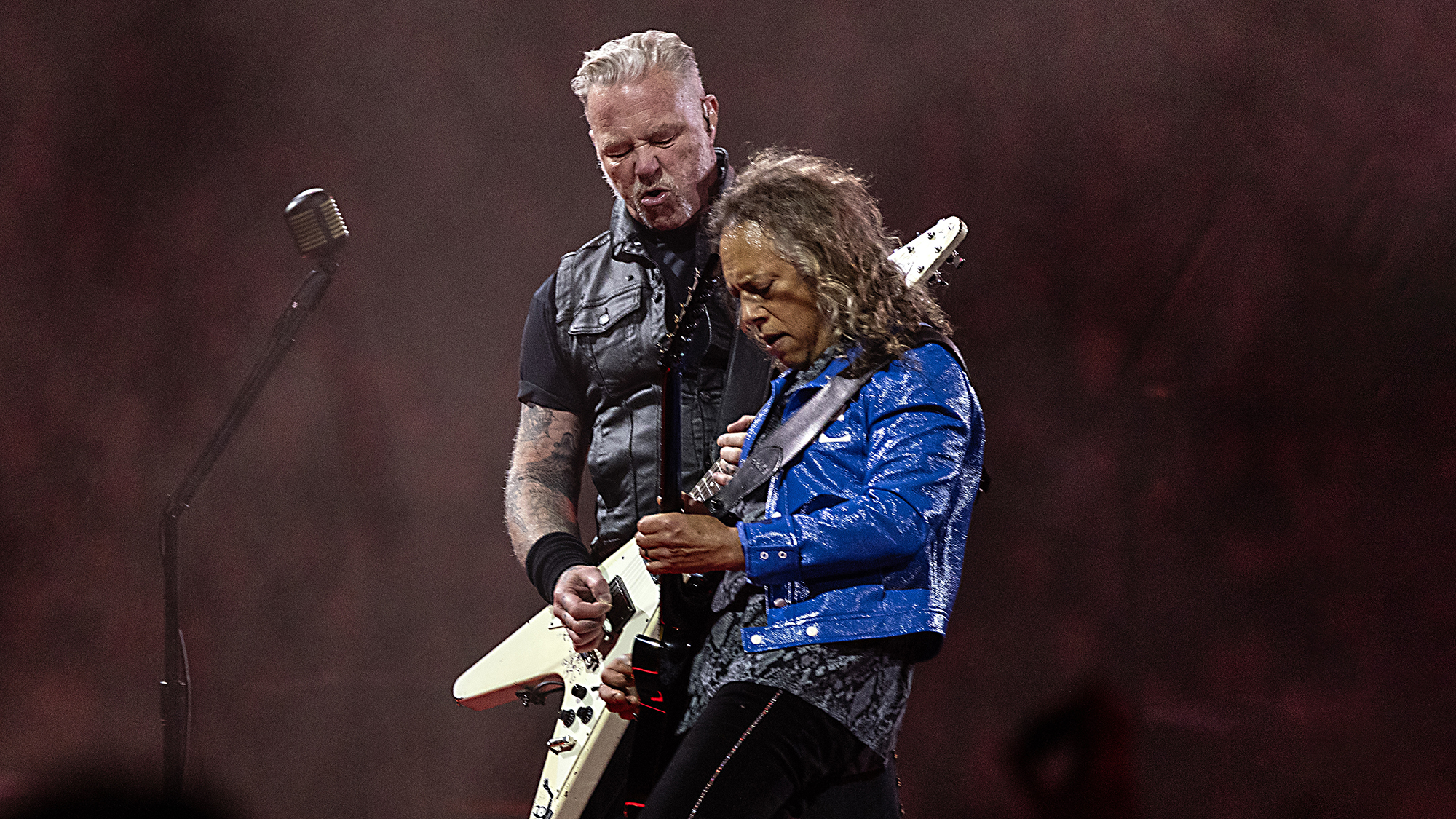 Singer/guitarist James Hetfield (L) and guitarist Kirk Hammett of Metallica perform at Bank of America Stadium on May 31, 2025 in Charlotte, North Carolina