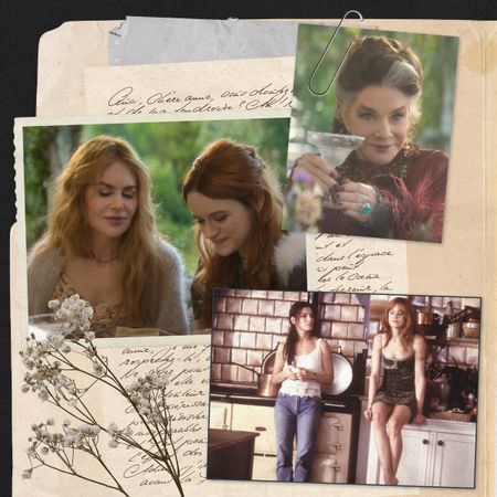 A collage of images from Practical Magic (1998) and Practical Magic 2 (2026) starring Nicole Kidman and Sandra Bullock.