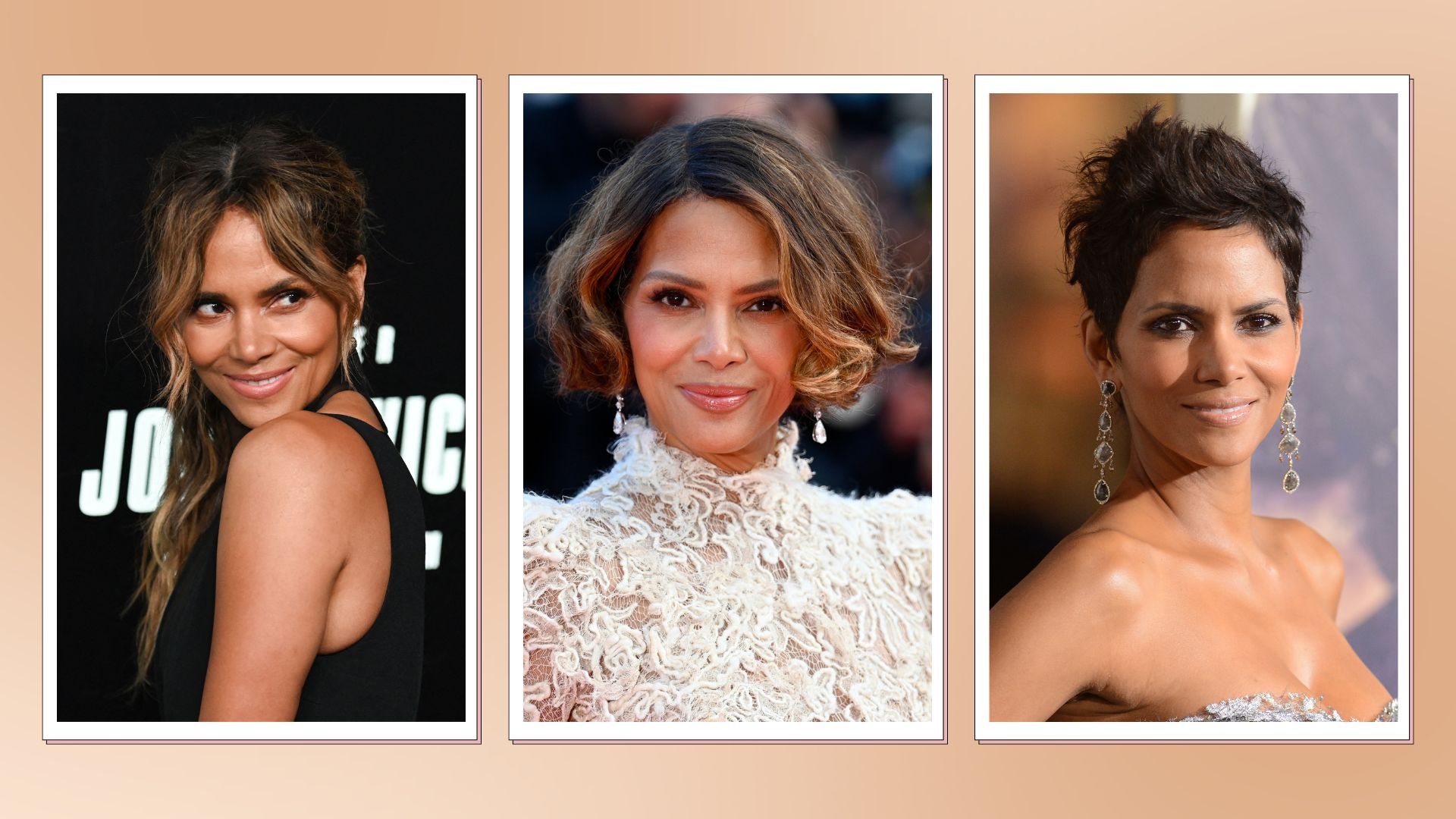 three close ups of Halle Berry wearing different hair styles on a caramel coloured background