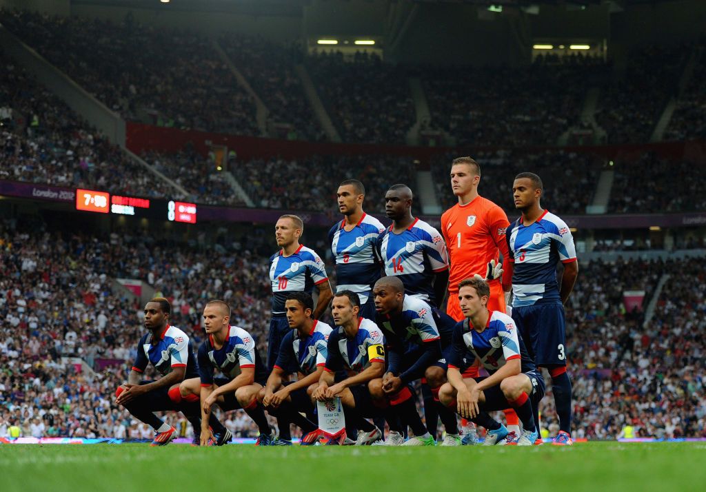 The Great Britain team line up before the Men&#039;s Football first round Group A Match of the London 2012 Olympic Games between Great Britain and Senegal, at Old Trafford on July 26, 2012 in Manchester, England.