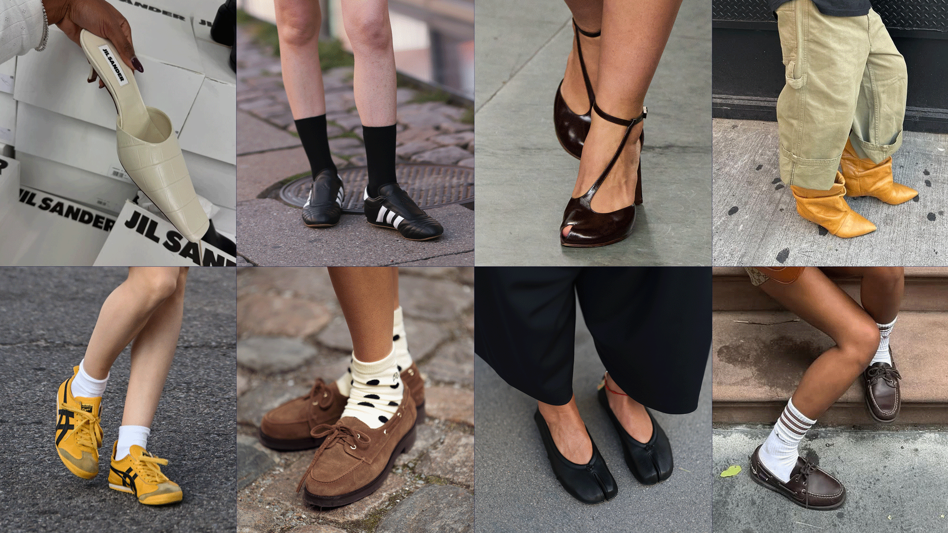 A collage of Tory Burch heels, Tabi ballet flats, slouchy boots, suede boat shoe loaders, Jil Sander pumps, black and silver heels, black and yellow sneakers, and Adidas sneakers. 