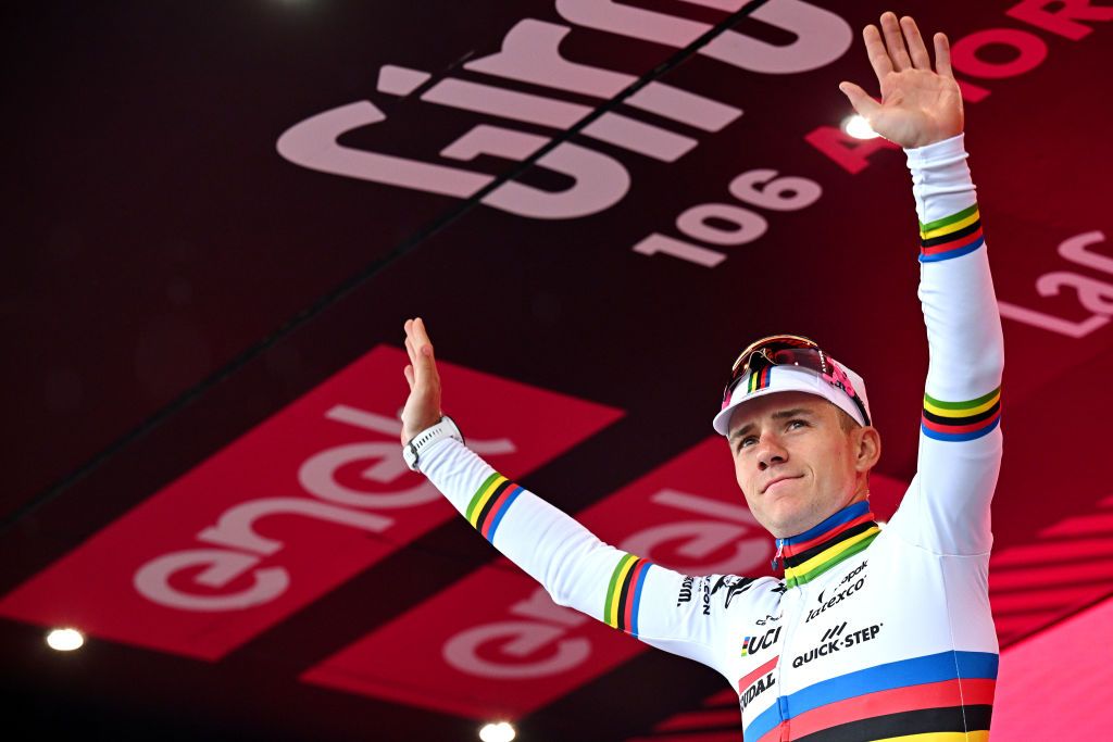 Remco Evenepoel (Soudal-Quickstep) on the podium after stage 3 of the Giro d&#039;Italia 2023