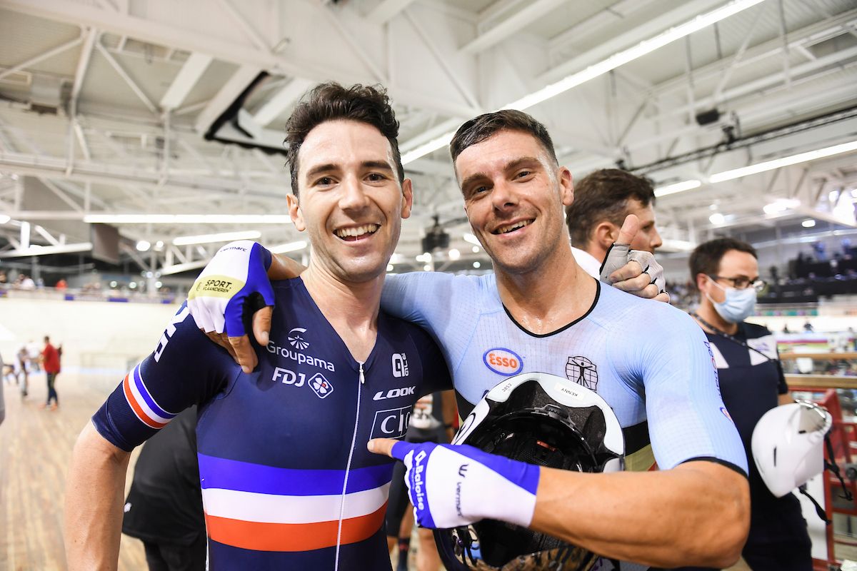 Picture by Simon Wilkinson/SWpix.com - 22/10/2021 - Cycling - Tissot 2021 UCI Track Cycling World Championships - Men's Points Race - Stab Velodrome, Roubaix, France - France's Benjamin Thomas (l) is congratulated by Belgium's Kenny de Ketele after winning the men's points race final.
