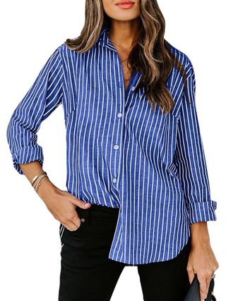 siliteelon, Siliteelon Womens Button Down Shirts Cotton Striped Dress Shirt Long Sleeve Collared Office Work Blouses Tops - Purple Striped L