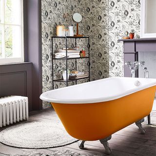 bathroom with wooden floor and shelves and yellow bathtub