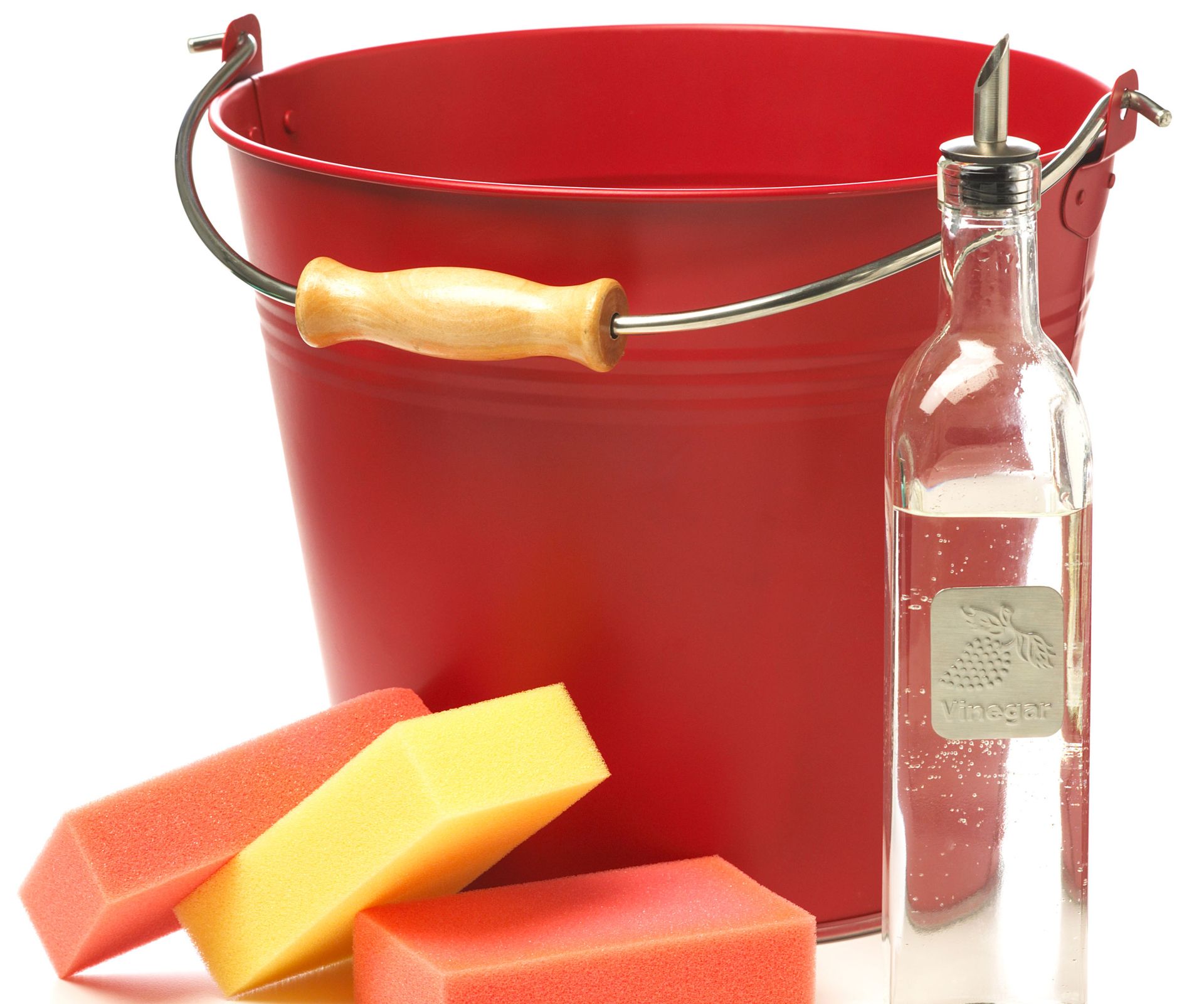 red bucket with sponge and vinegar