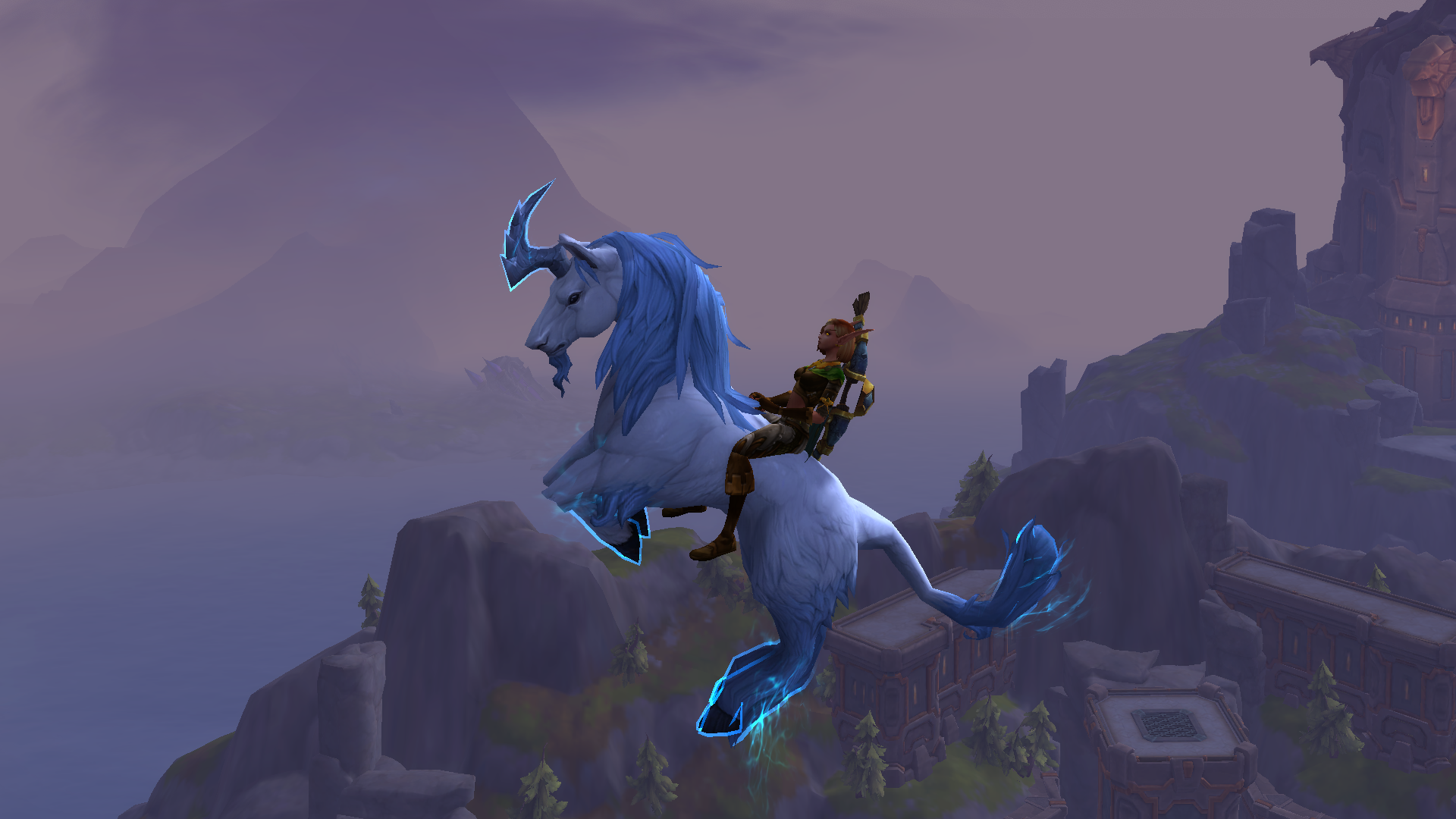 A hunter soars through the air on a unicorn in World of Warcraft: The War Within.