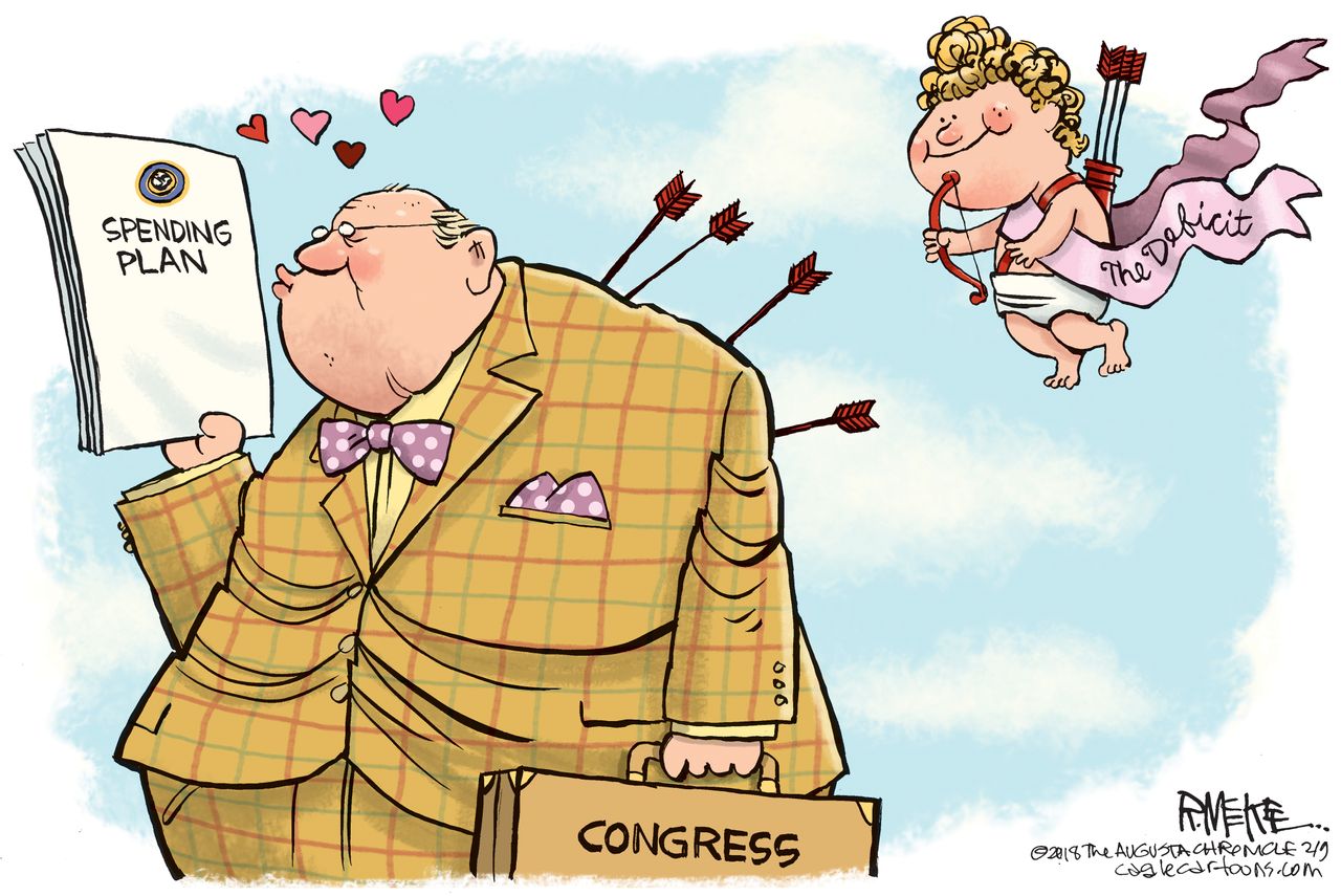 Political cartoon U.S. Congress budget deal spending bill deficit Valentine&amp;#039;s Day