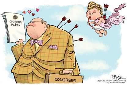 Political cartoon U.S. Congress budget deal spending bill deficit Valentine's Day