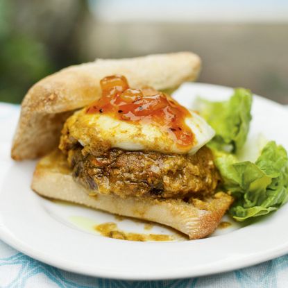 Spicy Mushroom And Halloumi Burger-woman and home