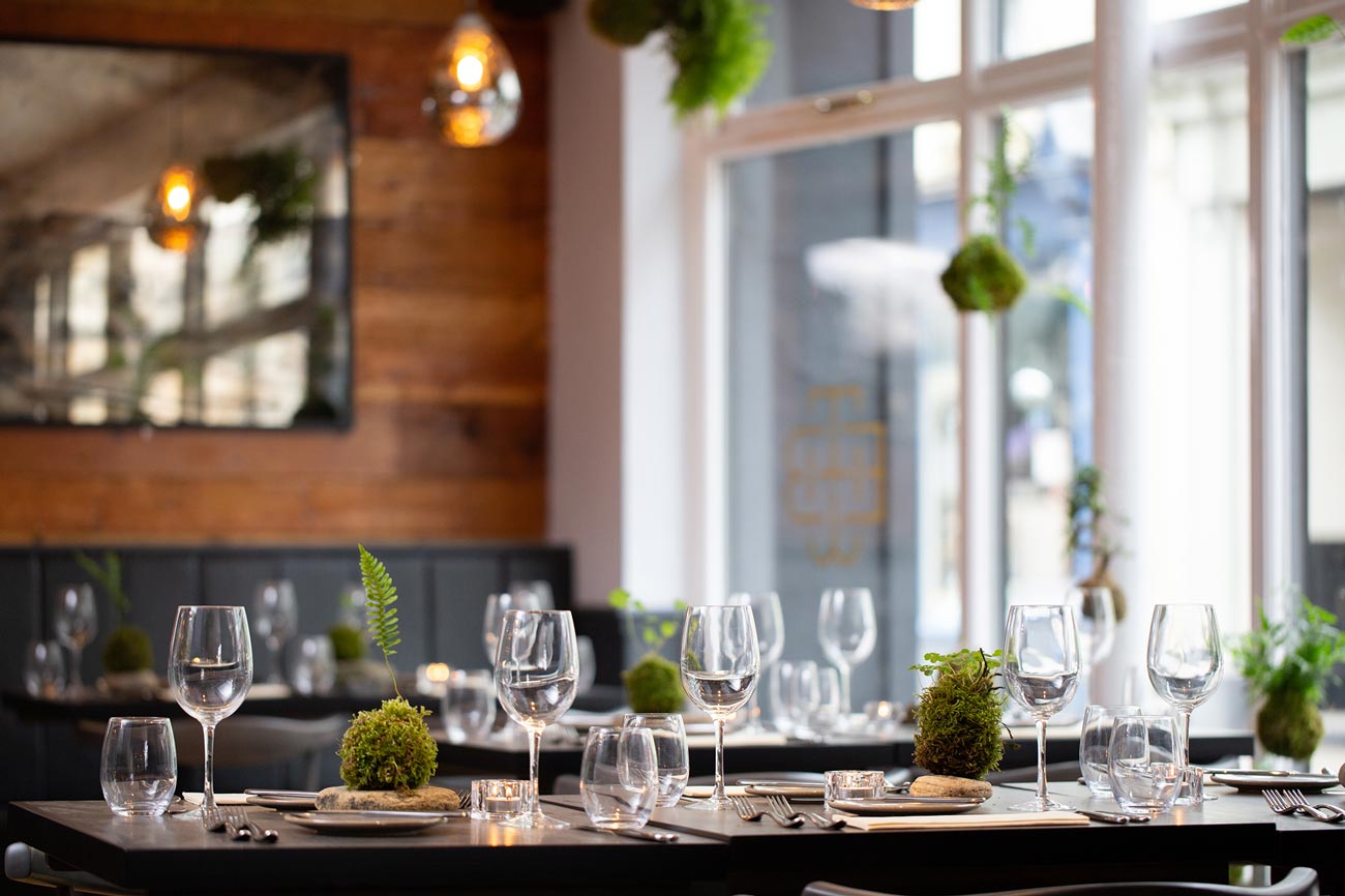 Restaurant interior with wine glasses