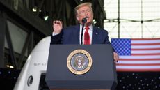President Donald Trump speaks inside the Vehicle Assembly Building at NASA's Kennedy Space Center in Florida after SpaceX's successful astronaut launch on May 30, 2020.
