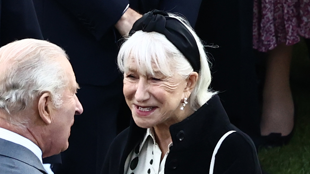 Helen Mirren wearing a black and white outfit