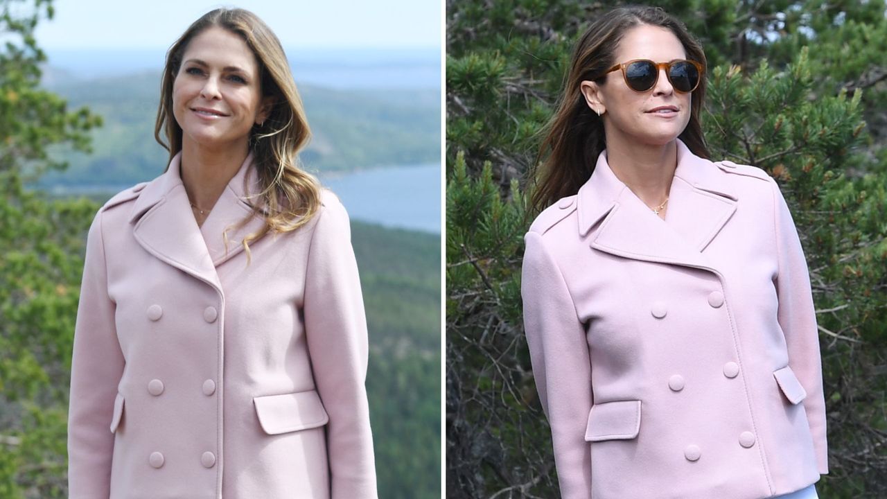 Composite of two pictures of Princess Madeleine of Sweden wearing a pink cropped coat and white trousers in Skuleberget, Sweden in 2022 