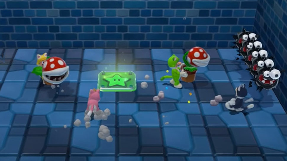 Characters using Piranha Plants to eat Fuzzy enemies.