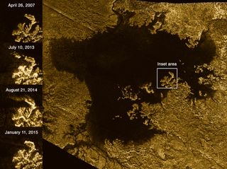 This Cassini radar image shows the Ligeia Mare sea on the Saturn moon Titan's north polar region. Various images of the region are shown in the square labeled "inset area" on the left. Taken during flybys by Cassini from April 2007 to January 2015, the im