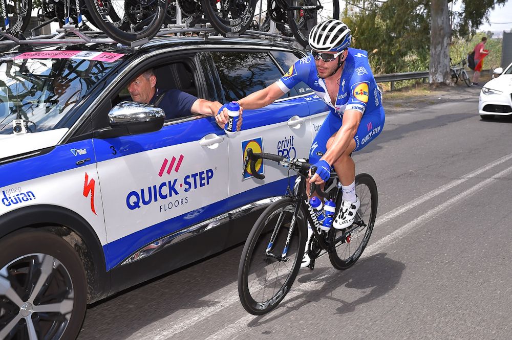 Florian Senechal at the Quick-Step Floors tea car during stage 4 at the Giro d'Italia