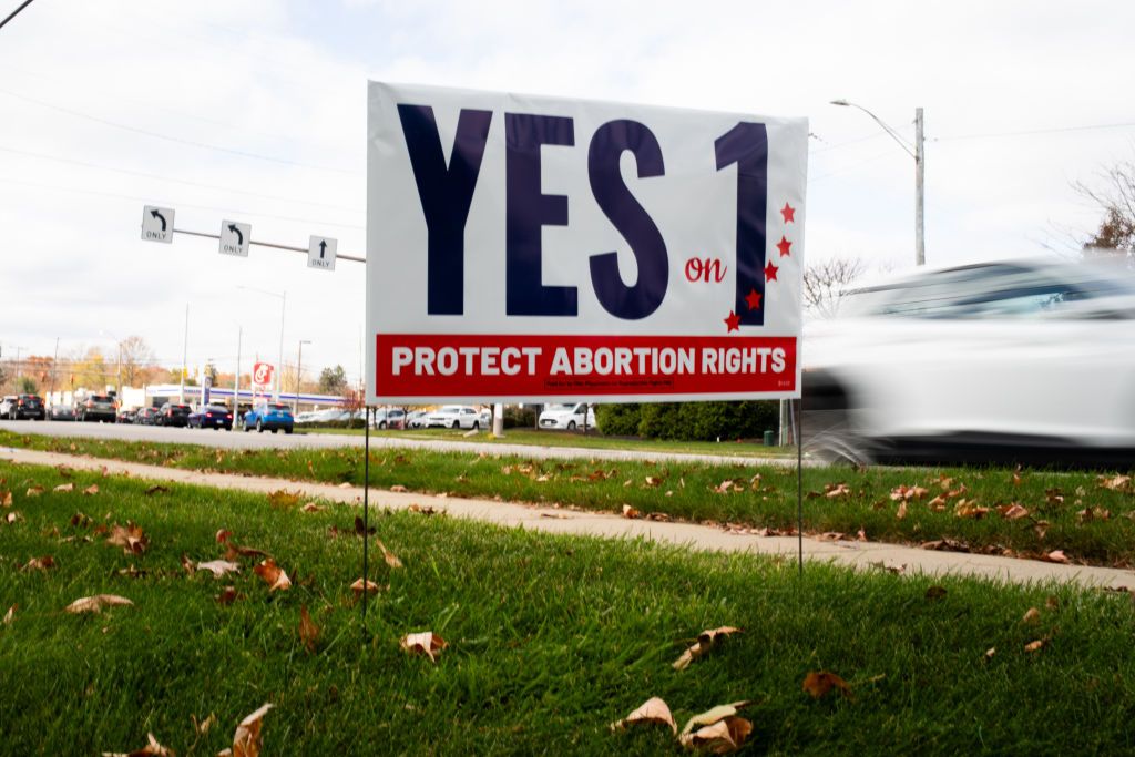 An Issue 1 campaign sign outside a polling location in Toledo, Ohio