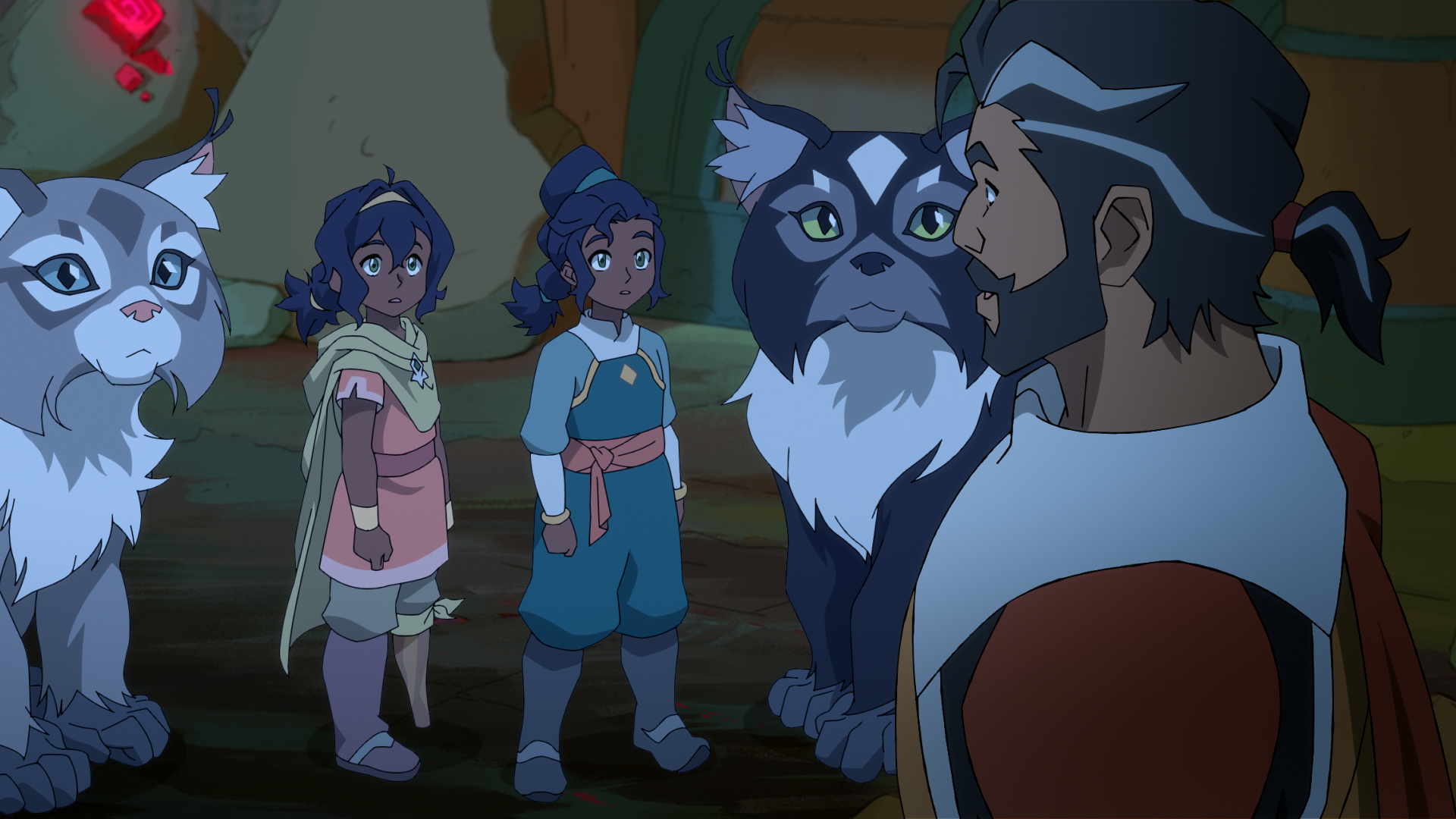 (L-R): Dee Bradley Baker as Geet and Ruhi, Saheli Khan as Pavi, Aishwarya "Aishu" Devan as Nisha, and Akshay Khanna as Captain Karthik in Avatar: Seven Havens, season 1