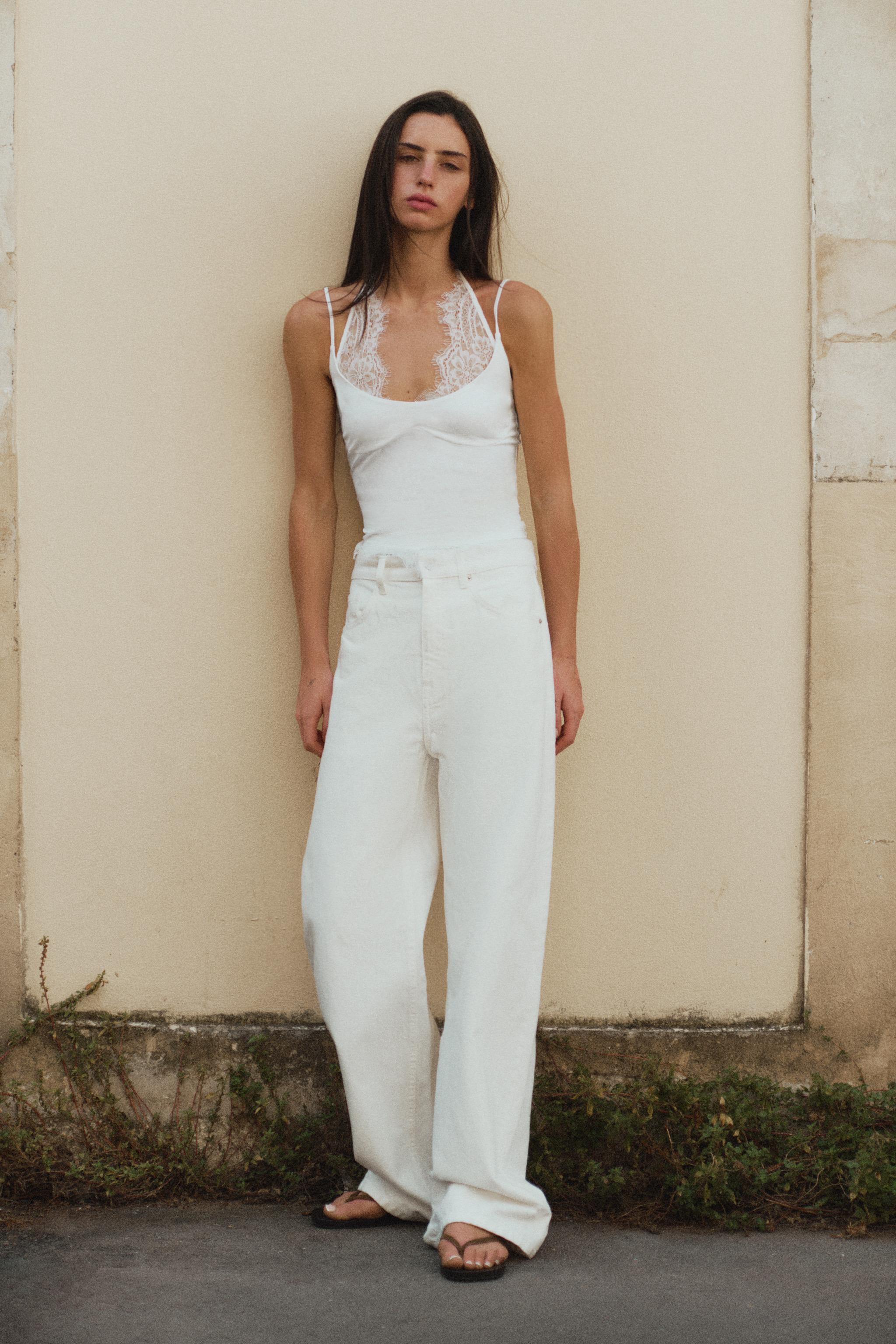 Halter Top With Lace Trim - White - S