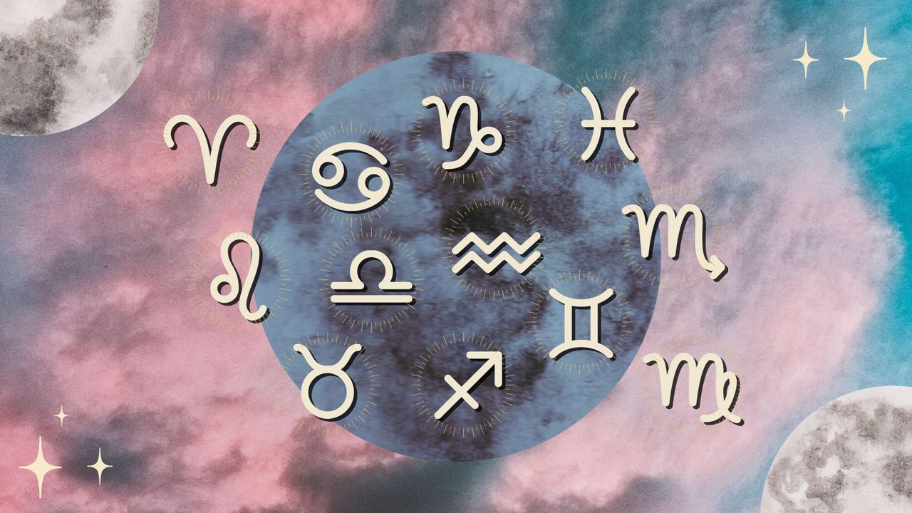 The zodiac signs and the full moon against a cloudy sky