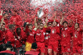 Liverpool players celebrate with the Champions League trophy after their epic comeback against AC Milan in Istanbul in the 2005 Champions League final.