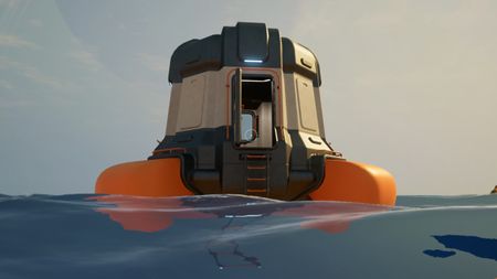 Subnautica 2 fully functional Fabricator: The Lifepod floating on the ocean. 