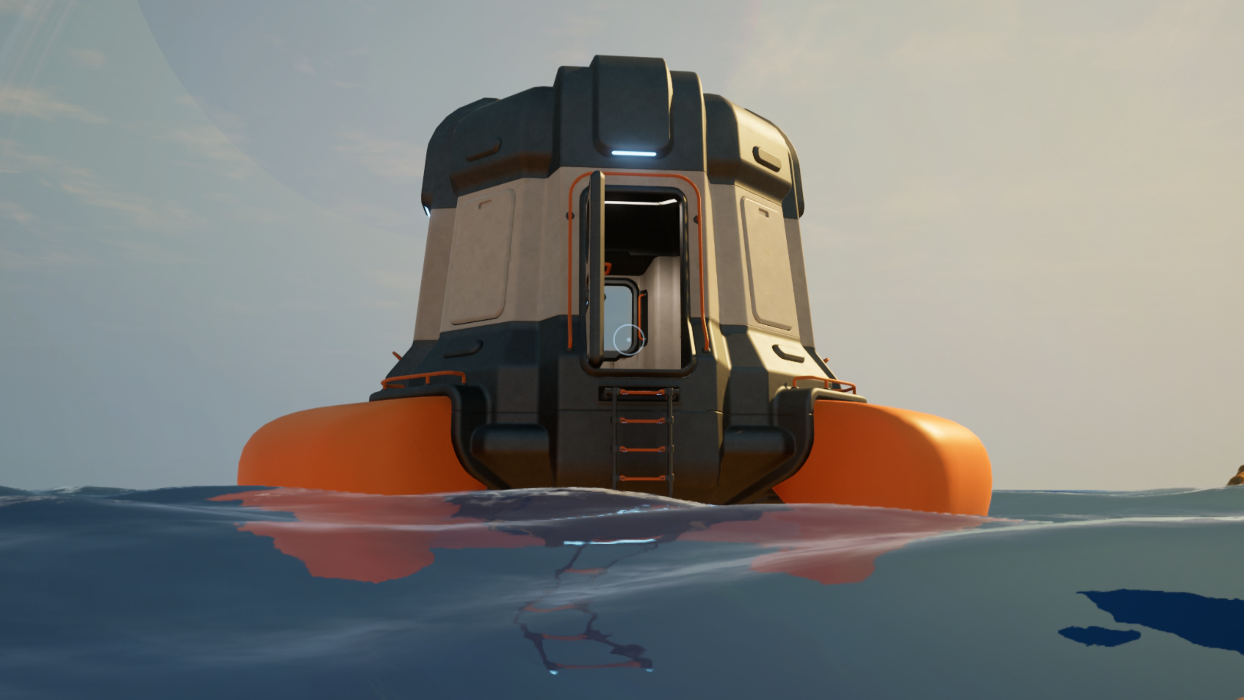 Subnautica 2 fully functional Fabricator: The Lifepod floating on the ocean. 