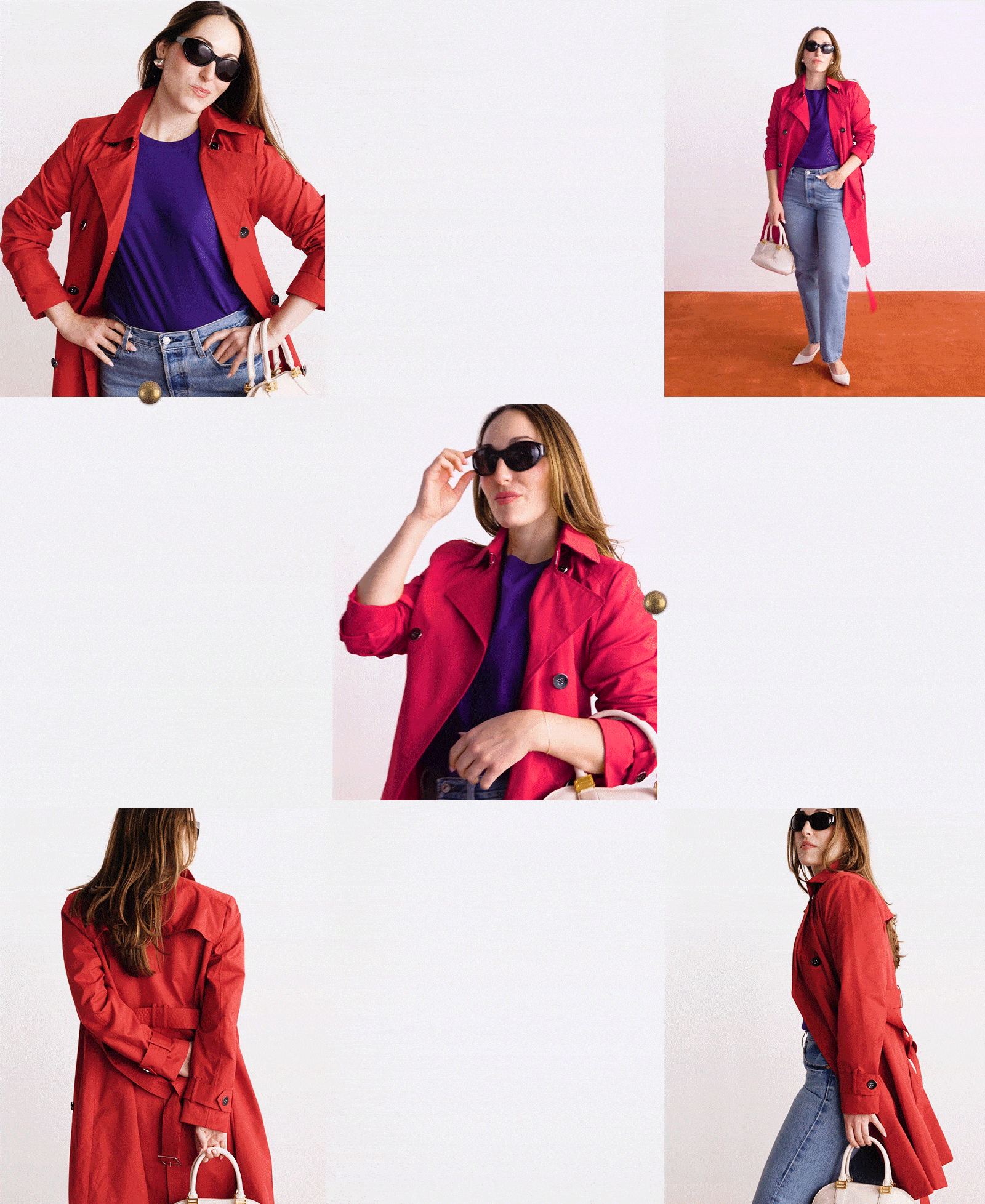 Anna wears a red trench coat, purple tee, and jeans.
