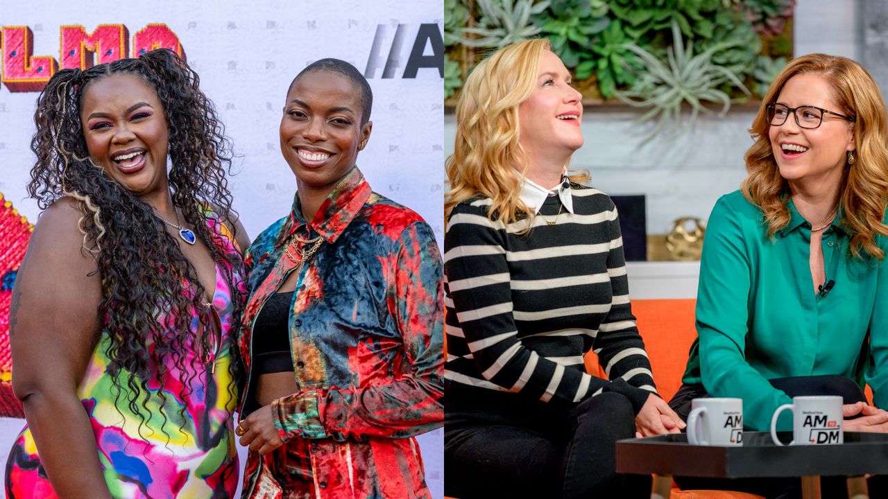 a split photo of stars from the best celebrity podcast round up including nicole byers and sasheer zamata and angela kinsey and jenna fischer