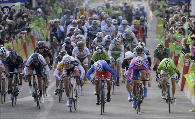 The Paris-Nice peloton's fast men in full flight in the closing meters of stage 1.
