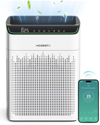 White air purifier with graphic showing air flow and a phone app tracking particle count in the air