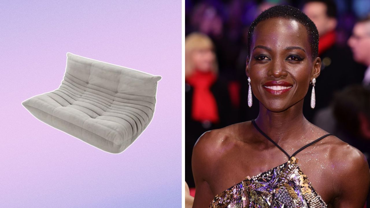 A white modern low-sunk sofa next to a photo of Lupita Nyong&#039;o in a sparkly dress