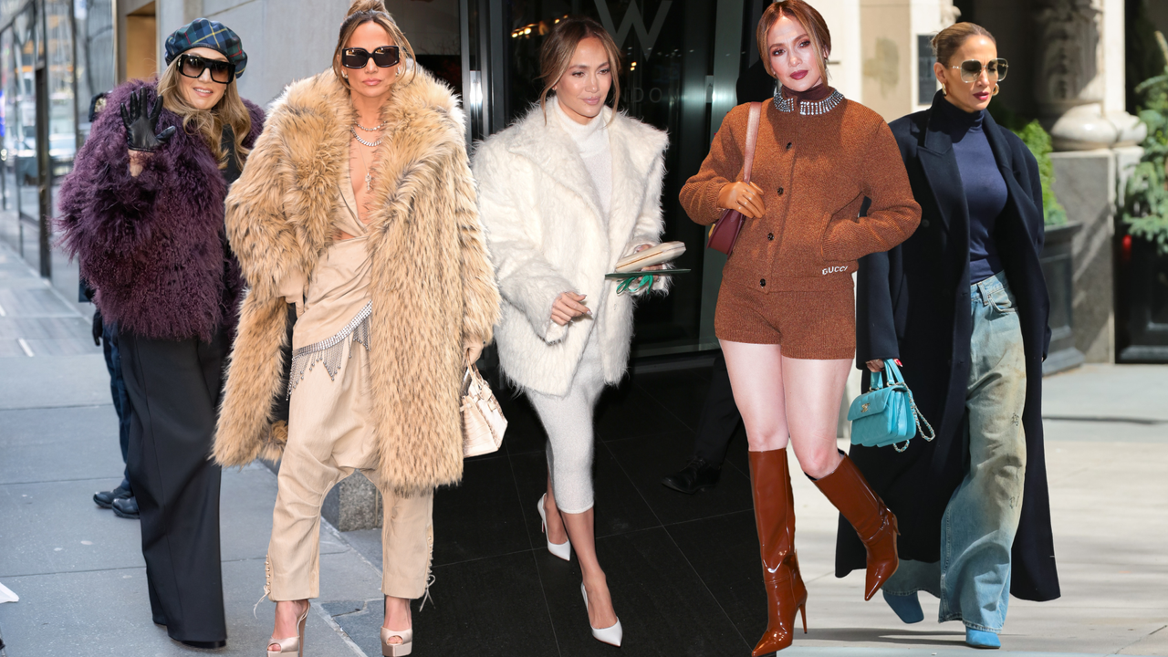 a collage of jennifer lopez wearing winter outfits 