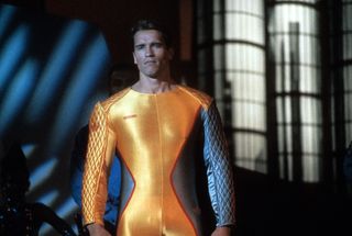 Arnold Schwarzenegger in The Running Man (1987) wearing a yellow unitard